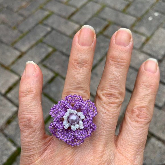 🌷3 for$25🌷Handmade, Glass Seed Bead Lilac Flower Ring, Fits Up To Ring Size 8 - Picture 2 of 4